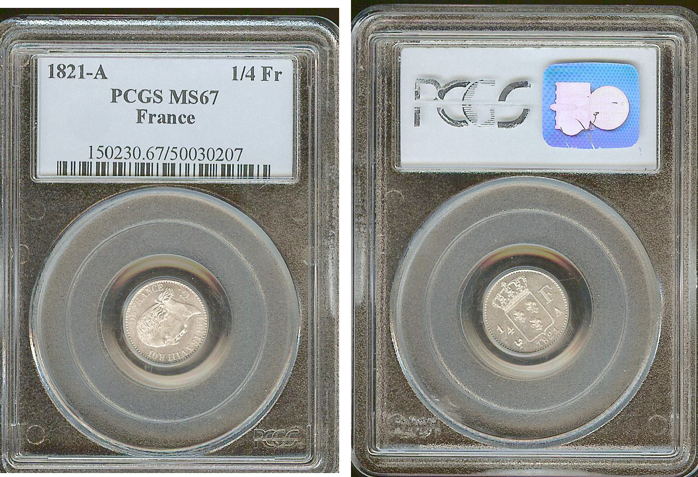 quarter francs Louis XVIII 1821A PCGS MS67